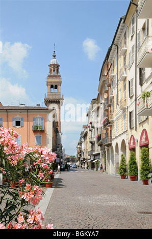 Regardant vers le bas via Saffi passé la Piazza Mazzini en direction de Torre Civica à Casale Monferrato en Italie avec fleurs de lauriers roses Banque D'Images