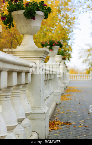 Clôture avec les pots de fleurs en automne parc. Banque D'Images