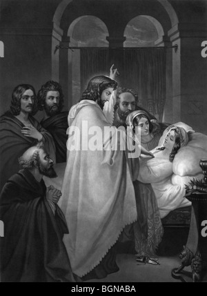 Gravure d'impression vers 1866 représentant Jésus Christ élever la fille de Jaïrus d'entre les morts. Banque D'Images