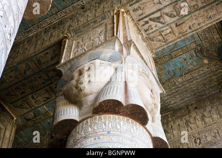 Close up d'Hathor dirigé colonne dans le vestibule de l'Temple ptolémaïque à Dendérah, au nord de Louxor, vallée du Nil, l'Egypte Banque D'Images