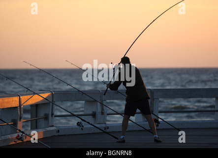 Pêcheur en action, Nieuwpoort, Belgique Banque D'Images