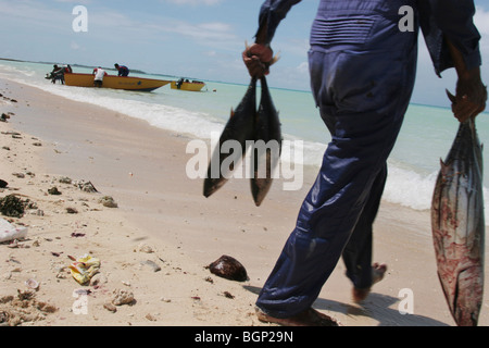 Les pêcheurs avec leurs prises de poissons, sur la plage, sur l'île de Kiribati. Banque D'Images