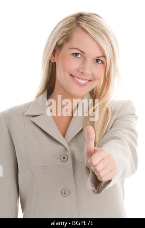 Attractive blonde businesswoman giving Thumbs up isolé sur fond blanc Banque D'Images