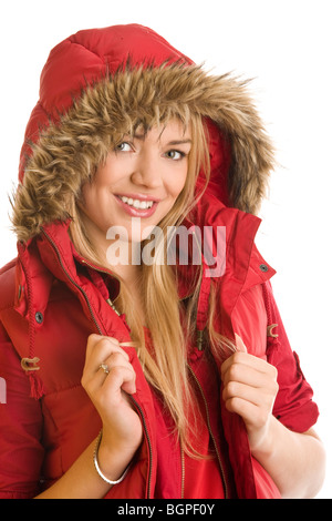 Woman wearing red parka Banque D'Images