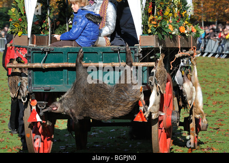 Panier avec jeu de chasse - mallard, sanglier, faisan, lièvre - pendant la commémoration de Saint Hubert / Saint Hubertus, Belgique Banque D'Images