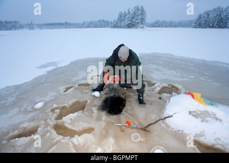 Contrôle de l'homme des filets de pêche à l'hiver , Finlande Banque D'Images