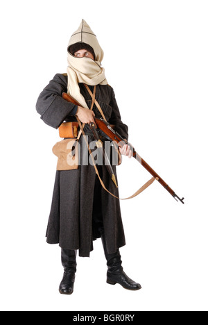 L'homme en costume d'époque de cosaques russes avec carabine. Banque D'Images