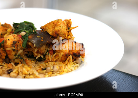 Inde du Nord Achari frais brochettes de poulet au cari avec riz pilaf et Raita au concombre avec aucun peuple contre un fond noir Banque D'Images