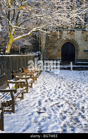 Rangée de bancs en bois devant la Minster Library en hiver York North Yorkshire Angleterre Royaume-Uni Grande-Bretagne Banque D'Images