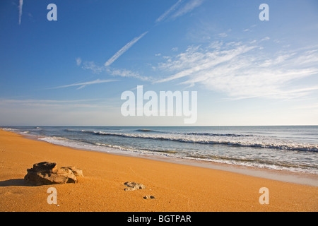 Tôt le matin, la lumière sur le sable de couleur riche et la plage de surf Banque D'Images