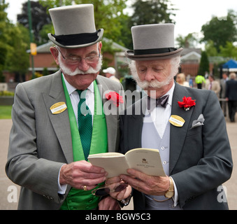 Deux collègues de la lecture du programme des courses à Royal Ascot Banque D'Images