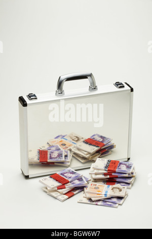 Des paquets de billets de banque des dizaines années 20 &reflétée dans l'argent bref cas Banque D'Images