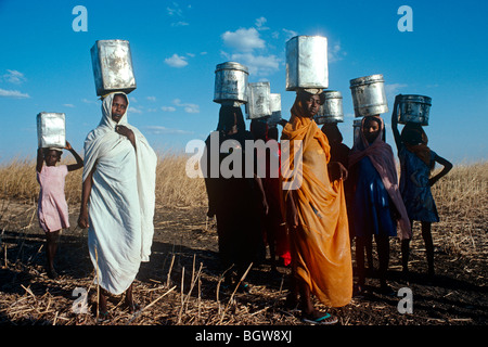 Les femmes soudanaises portant de l'eau à l'Harrad, projet d'irrigation. Banque D'Images