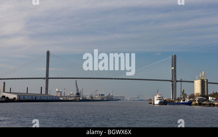 Le Talmadge Memorial Bridge enjambe la rivière Savannah à Savannah, Géorgie, Etats-Unis d'Amérique. Banque D'Images