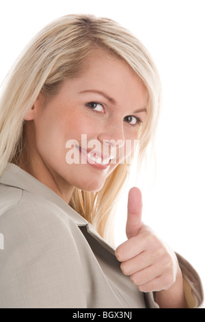 Portrait of young businesswoman giving Thumbs up isolé sur fond blanc Banque D'Images