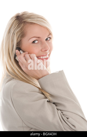 Portrait de jeune beauté businesswoman on mobile phone isolé sur fond blanc Banque D'Images