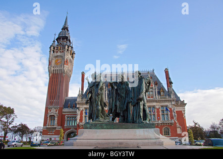 Hôtel de Ville de style Renaissance flamande, avec Bourgeois (Bourgeois) Calais, Pas de Calais, France 100407 Horizontal Calais Banque D'Images