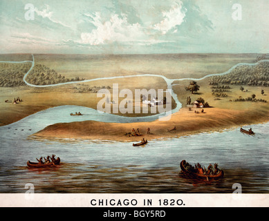 Chicago en 1820 - les Américains autochtones engagés dans le commerce de la fourrure sur les bords d'une rivière ou d'un lac à l'établissement de Chicago Banque D'Images