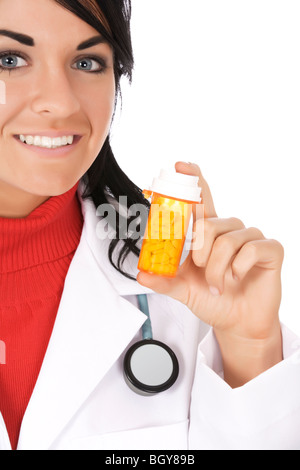 Portrait tenant une bouteille de pilules Banque D'Images
