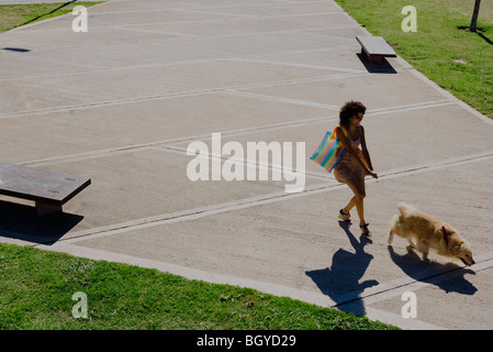 Woman walking dog in park, high angle view Banque D'Images