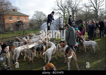 Maître de chiens foxhounds au Boxing Day Hunt, Petworth Park, Sussex, Angleterre Banque D'Images