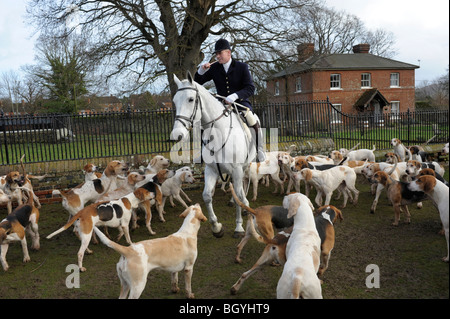 Maître de chiens foxhounds au Boxing Day Hunt, Petworth Park, Sussex, Angleterre Banque D'Images