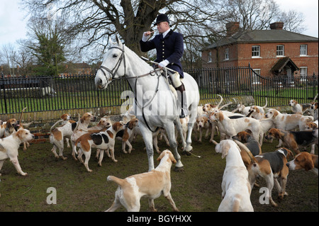 Maître de chiens foxhounds au Boxing Day Hunt, Petworth Park, Sussex, Angleterre Banque D'Images