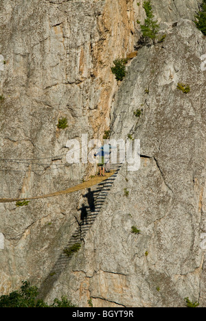 L'homme et son fils traversent la swinging pied pont sur la Via Ferrata à Nelson Rocks, WV. Banque D'Images