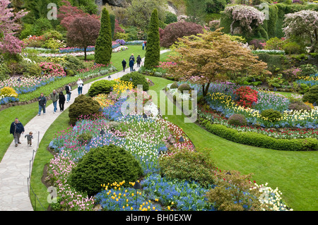 Les visiteurs marchent à travers les jardins Butchart, au début du printemps, l'île de Vancouver, Canada Banque D'Images