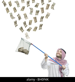 Personne arabes de collecter de l'argent avec un filet à papillons, isolated on white Banque D'Images