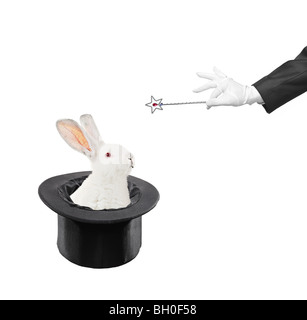 Lapin dans un chapeau et d'une main avec une baguette magique isolé sur fond blanc Banque D'Images