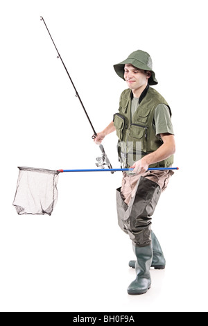 Fisherman holding fishing net, isolé sur fond blanc Banque D'Images