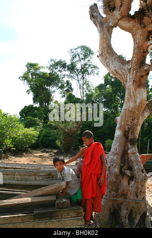 Gitans de la mer, enfants Moken buddhistic et au novice un arbre, archipel de Mergui, la mer d'Andaman, Myanmar, Birmanie, Asie Banque D'Images