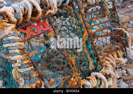 Détail sur un lobster pot échoués sur une plage Banque D'Images