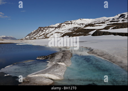 La fonte du printemps dans les montagnes de la zone Slenjadale Mjoifjordur ci-dessus dans la région des fjords de l'Islande près de Egilstadir Banque D'Images