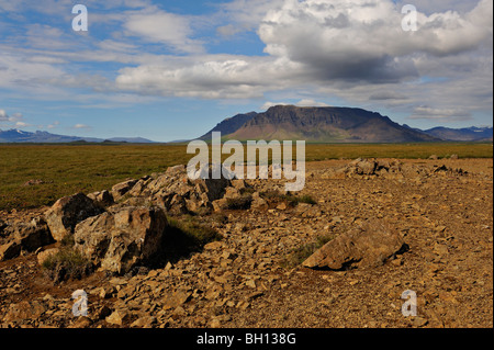 La roche volcanique, de landes et de collines au loin au nord de l'Islande dans l'ouest Bogarnes Banque D'Images