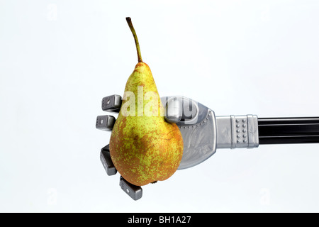 Robot de poire dans le bras de nourriture doigt doigts tenir maintenant attention délicate de l'industrie de la technologie de la machine industrielle soigneusement Banque D'Images