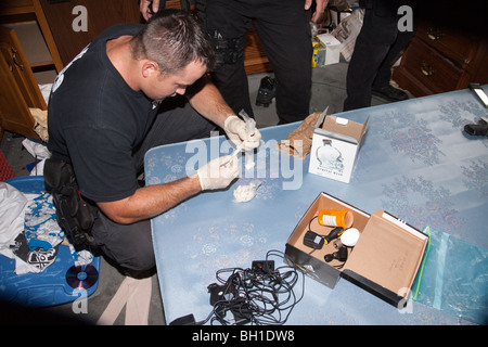 Des agents de police de l'escouade tactique de l'unité des stupéfiants de la rue à la recherche de drogues, d'armes à feu, de l'argent etc en suspects résidence. Banque D'Images