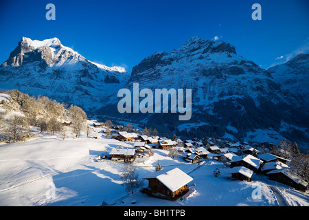 Vue sur la montagne avec Grindelwald Wetterhorn et Schreckhorn en arrière-plan, Grindelwald, Oberland Bernois, Canton de Berne, SWI Banque D'Images