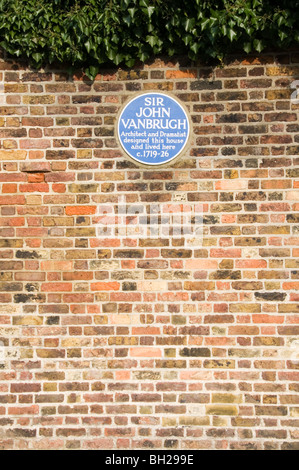 Blue plaque sur le château Vanbrugh, résidence de Sir John Vanbrugh dans Maze Hill, Greenwich Banque D'Images