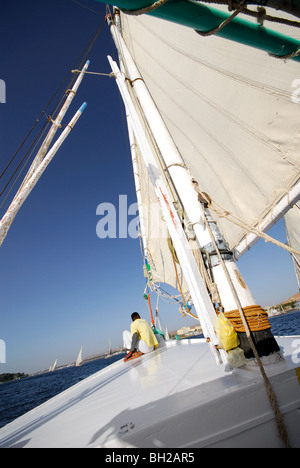 Assouan, Egypte. La voile sur une felouque le Nil. Banque D'Images