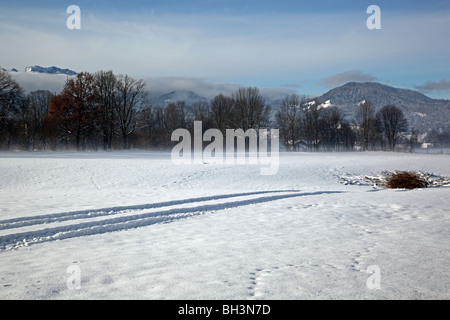 Paysages d'hiver au petit matin brumeux près de Lenggries Bavaria Allemagne Europe Banque D'Images