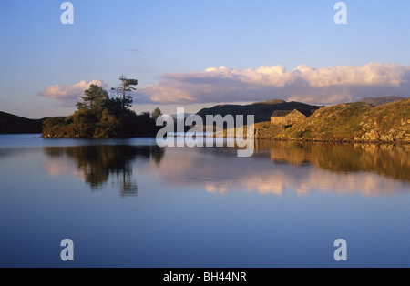Cregennen Llynnau reflète l'île dans le lac du Parc National de Snowdonia Gwynedd Mid Wales UK Banque D'Images