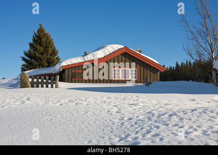 Chalet de vacances de neige et d'arbres. Banque D'Images