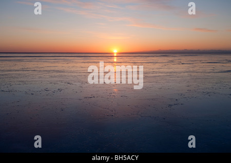 Derniers rayons de soleil se reflétant de la nouvelle couche immaculée de glace de mer au coucher du soleil sur la mer Baltique , Golfe de Botnie , Finlande Banque D'Images