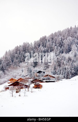 Neige scène. Chalet sapins. Megève, Haute Savoie, France, Europe Banque D'Images