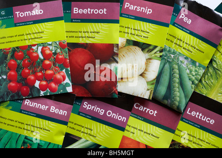 Paquets de graines végétales - tomate, panais, betterave, pois, laitue, haricots blancs, carottes, oignons de printemps Banque D'Images