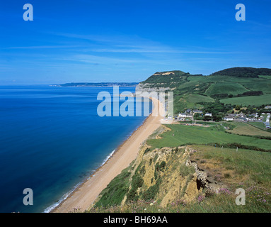 Vue de falaises dominant le hameau de Seatown sur la côte jurassique du Dorset Banque D'Images