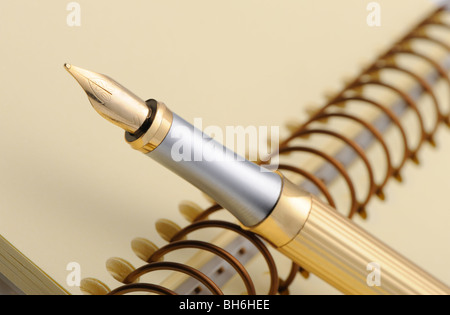 Stylo jaune sur un ordinateur portable. Gros plan photo Banque D'Images