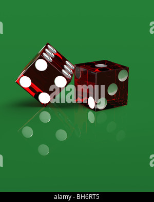 Le rendu 3D de deux droitier transparent rouge casino dice sur une surface réfléchissante, vert. Banque D'Images